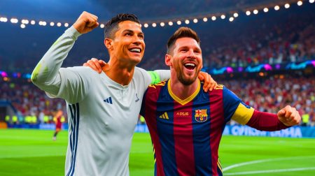 Illustration de Cristiano Ronaldo et Lionel Messi célébrant leurs exploits légendaires, générée par intelligence artificielle.