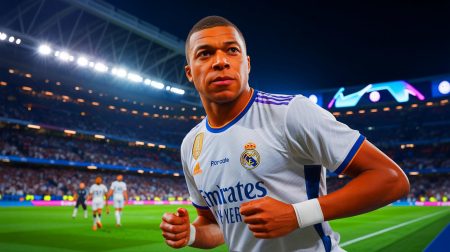 Illustration de Kylian Mbappé prêt à faire son retour avec le Real Madrid lors de la Coupe du Monde des Clubs. Image réalisée par IA.