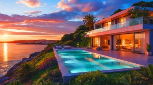 Illustration de la maison en bord de mer d'Eric Cantona et Rachida Brakni à Lisbonne. Image réalisée par IA.