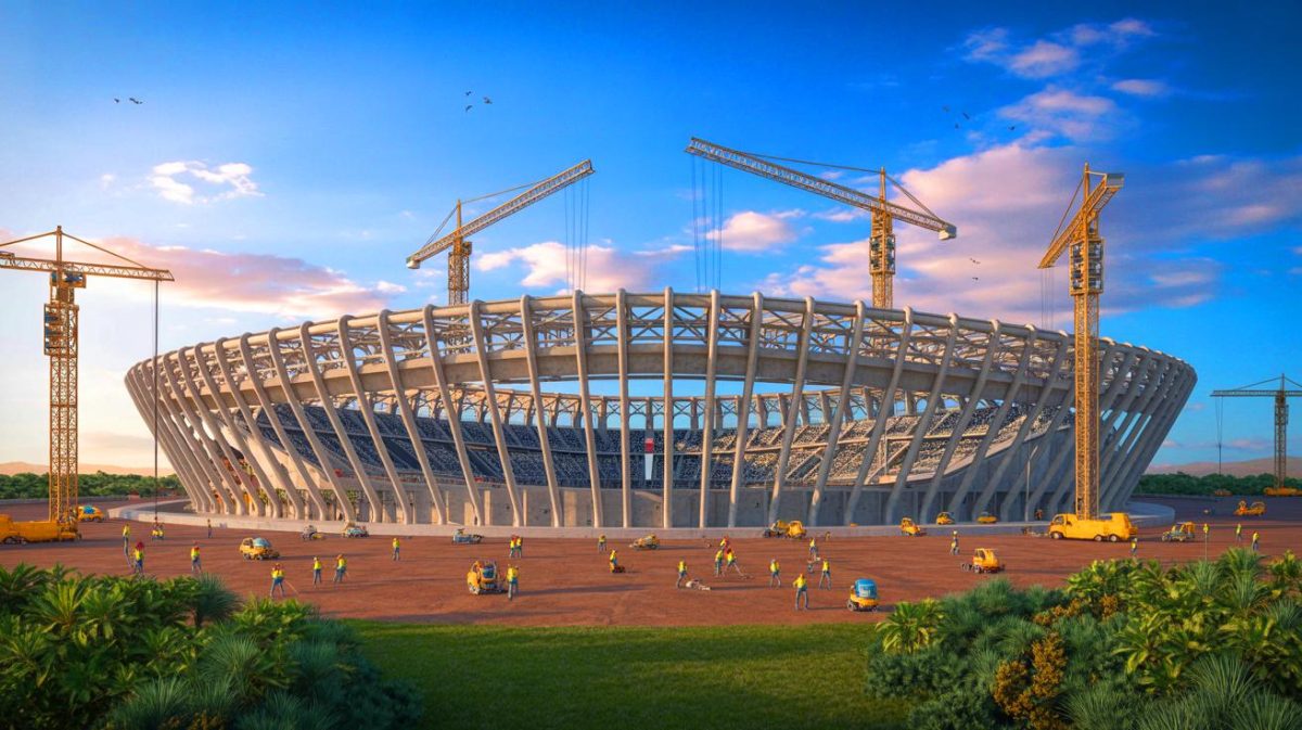 Le Maroc frappe fort : un stade colossal de 115 000 places pour 470 millions d’euros pour dominer la Coupe du monde 2030 et écraser la concurrence mondiale Illustration de la construction du Stade Hassan II à Benslimane pour la Coupe du Monde 2030. Image réalisée par IA.