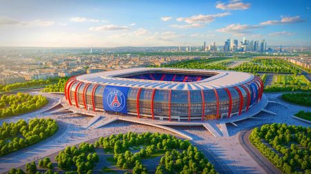 Le futur stade du PSG s’annonce inédit avec un face-à-face intense entre deux ou trois candidats pour sa construction Illustration de la vision futuriste du nouveau stade potentiel du PSG, générée par intelligence artificielle.