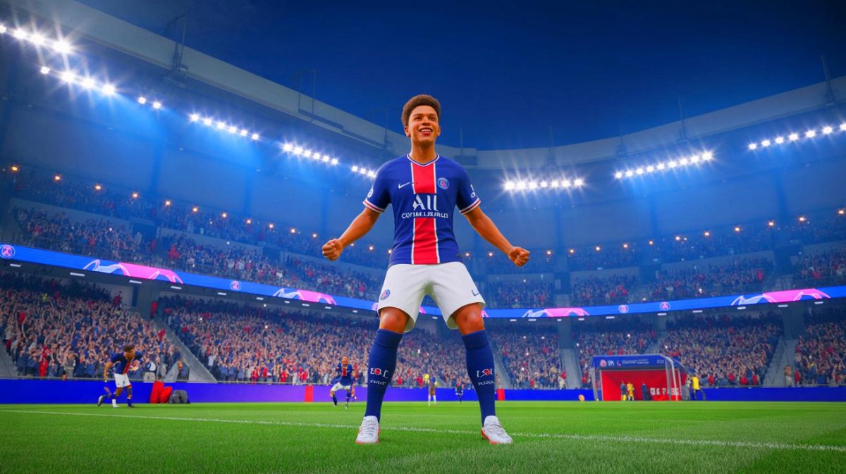 Illustration de Désiré Doué célébrant une victoire du PSG, image générée par intelligence artificielle.