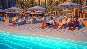 Illustration de stars du football en vacances à Dubaï, créée par intelligence artificielle.