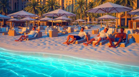 Illustration de stars du football en vacances à Dubaï, créée par intelligence artificielle.