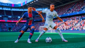 Illustration de la rencontre entre Achraf Hakimi et Kylian Mbappé lors du match PSG contre Real Madrid, générée par intelligence artificielle.