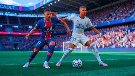 Illustration de la rencontre entre Achraf Hakimi et Kylian Mbappé lors du match PSG contre Real Madrid, générée par intelligence artificielle.
