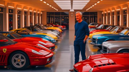 Illustration de Didier Deschamps et sa collection de voitures de collection. Image réalisée par IA.
