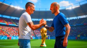 Illustration de la réconciliation souhaitée entre Marco Materazzi et Zinedine Zidane après l'incident de la Coupe du Monde 2006.