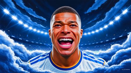 Illustration de Gonzalo Garcia et Kylian Mbappé en duel pour une place de titulaire au Real Madrid. Image réalisée par IA.