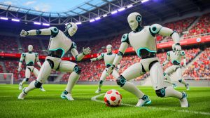 Illustration de robots jouant un match de football, générée par intelligence artificielle.
