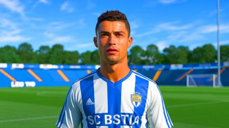 Illustration de Cristiano Ronaldo en tenue du SC Bastia, créée par intelligence artificielle.