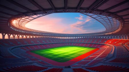 «On n’imagine pas ce qui s’y passe» : le stade du Premier-Mai et ses 100 secrets cachés, un monstre de 114 000 places qui intrigue le monde Illustration de l'intérieur d'un stade de football emblématique, générée par intelligence artificielle.