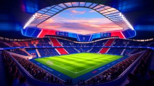 Illustration de la vision futuriste du nouveau stade du Paris Saint-Germain, créée par intelligence artificielle.