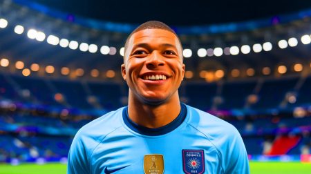 Illustration de Kylian Mbappé célébrant un but au Santiago-Bernabeu avec le maillot du Real Madrid. Image réalisée par IA.
