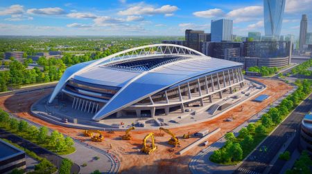 Un milliard d’euros pour un fiasco : le nouveau stade du PSG dévoile une faille inattendue qui pourrait tout changer pour les supporters et le club Illustration de la conception d'un nouveau stade du PSG, mettant en lumière les sites potentiels de Poissy et Massy. Image réalisée par IA.