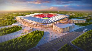 Illustration de la vision du futur stade multifonctionnel du PSG avec 60 000 places et ses installations modernes. Image réalisée par IA.