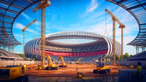 Illustration de la construction du nouveau stade ultramoderne du PSG à Massy. Image réalisée par IA.