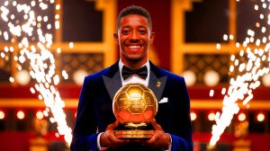 Illustration de la tension autour du Ballon d'Or et des stratégies de transfert du Paris Saint-Germain, réalisée par intelligence artificielle.