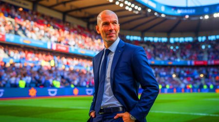 Illustration de Zinédine Zidane exprimant son désir de devenir le prochain sélectionneur de l'équipe de France, générée par intelligence artificielle.