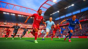 Illustration de la course au titre de la Premier League 2025-2026 avec Liverpool, Arsenal, Manchester City et Chelsea en lice.