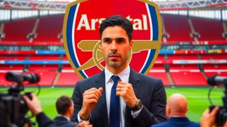Illustration de Mikel Arteta discutant des états de forme de Declan Rice et Jurrien Timber avant le match contre Wolverhampton.